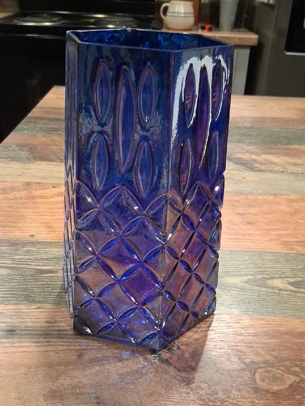 Cobalt Blue Pressed Glass Vase - Textured Diamond Pattern